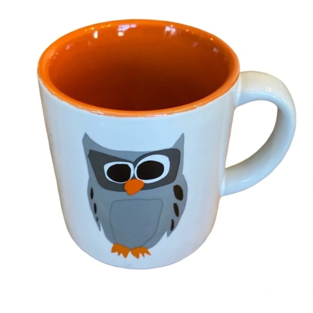Crate & Barrell small grey owl mug. 8 ounce capacity. White w/orange interior.